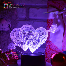 3D Лампа - Два сердца и стрела амура