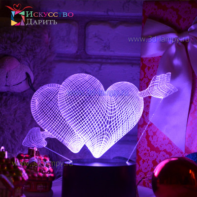 3D Лампа - Два сердца и стрела амура